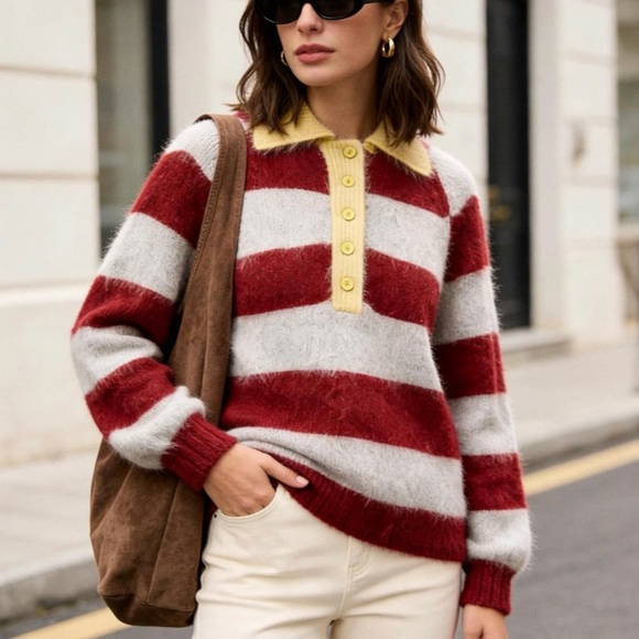 Sweaters - Striped Red and Blue Gray Women's Sweater